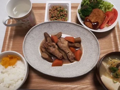鶏肉の煮物、サラダ